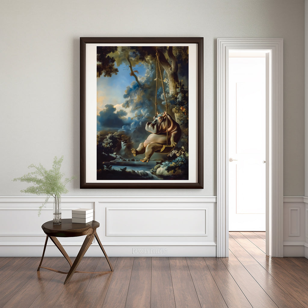 Hippo on Swing Canvas Art Print