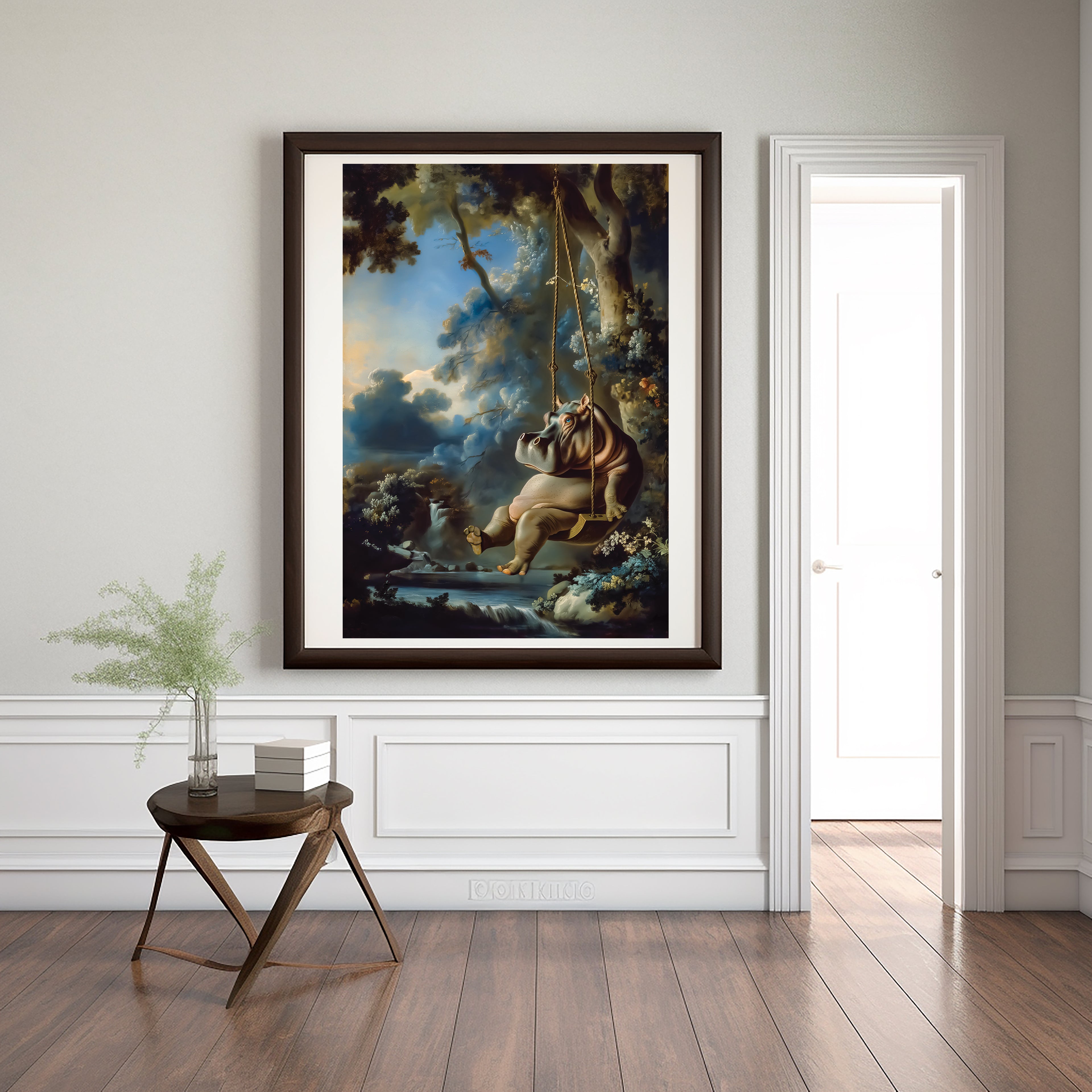Rococo Hippo on Swing Canvas Art Print - Giclee Masterpiece, Large Whimsical Wall Decor