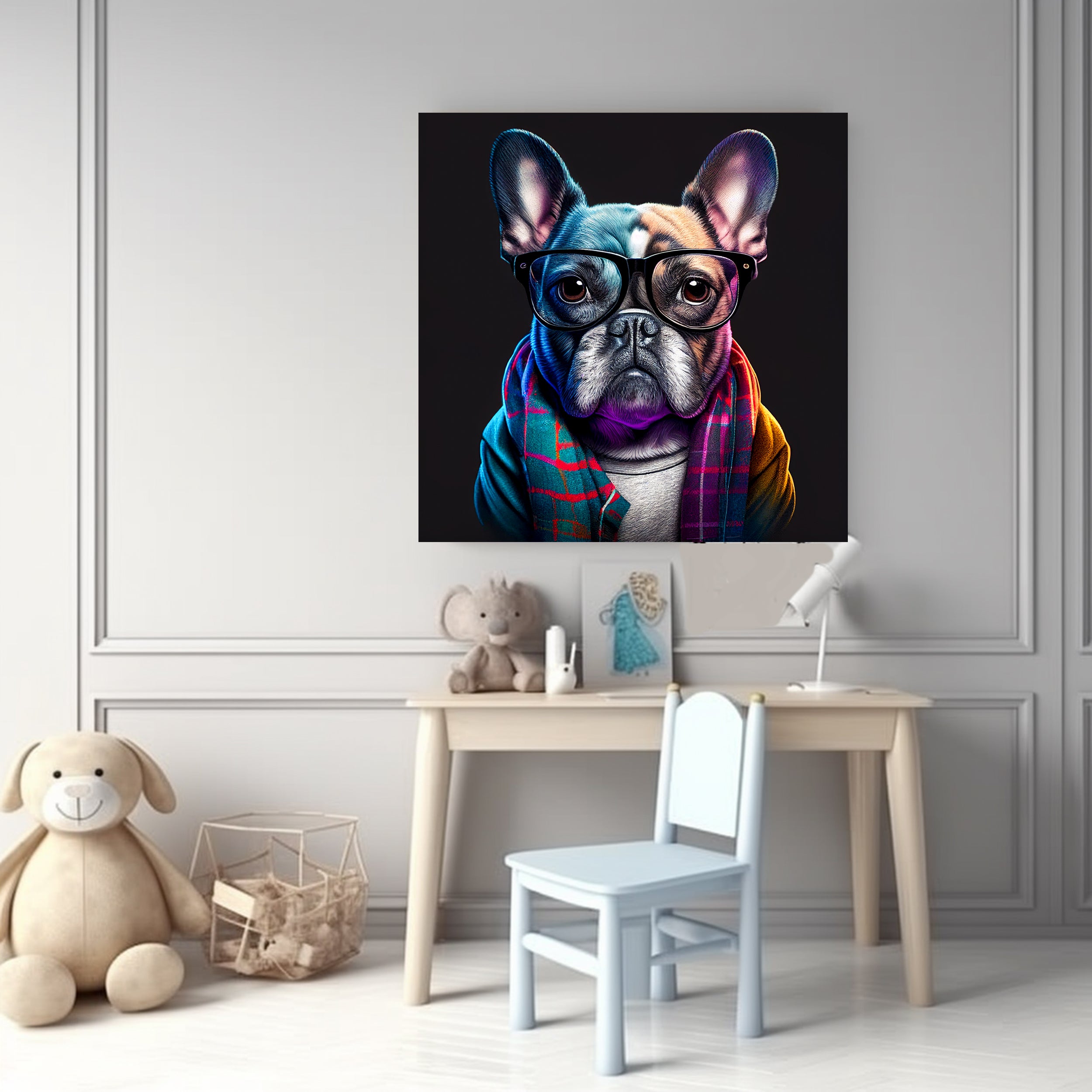 Chic French Bulldog Canvas Print - Hipster Dog with Glasses and Scarf Wall Art