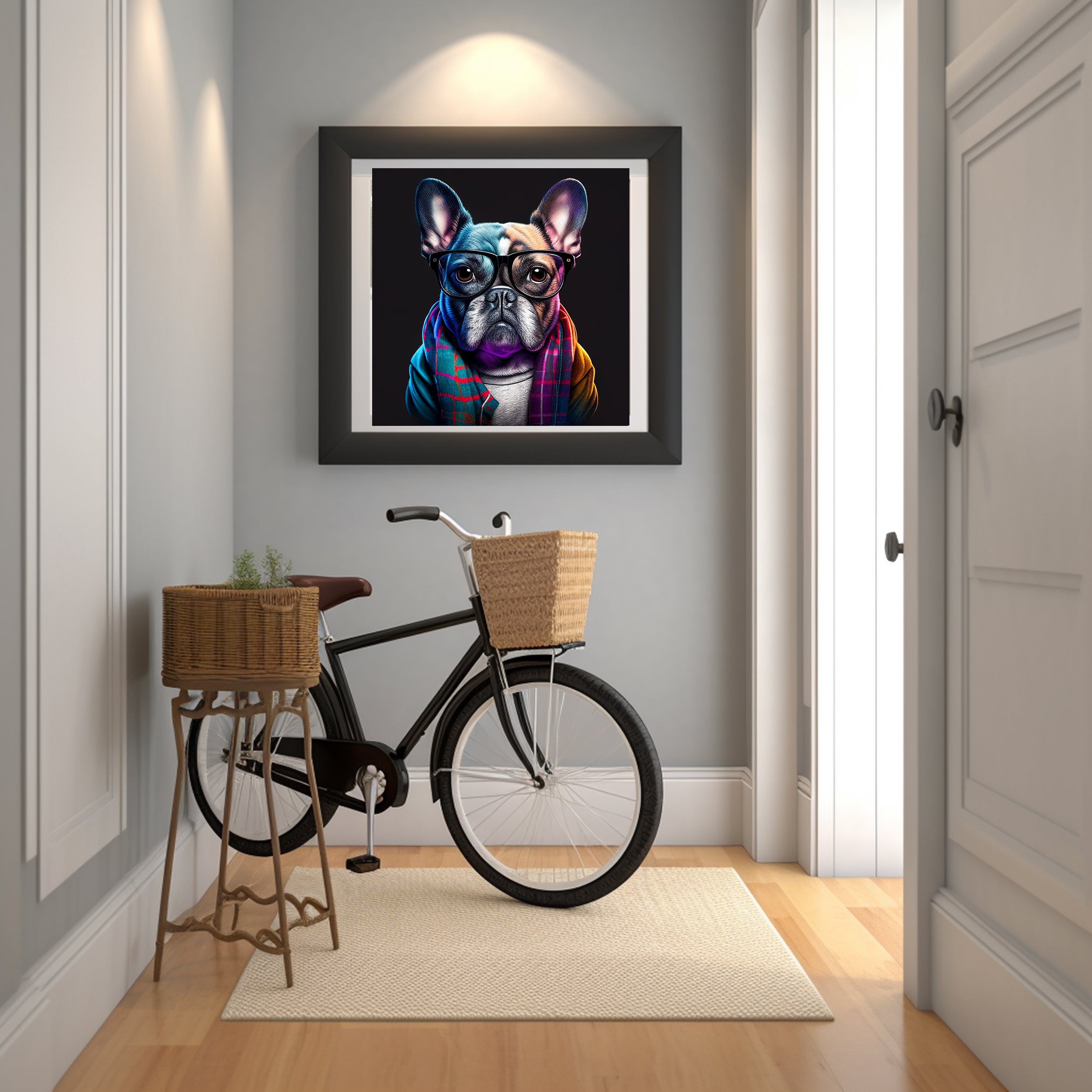 Chic French Bulldog Canvas Print - Hipster Dog with Glasses and Scarf Wall Art