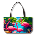 Deluxe weekender-style tote bag featuring bright pink flamingos in a tropical setting