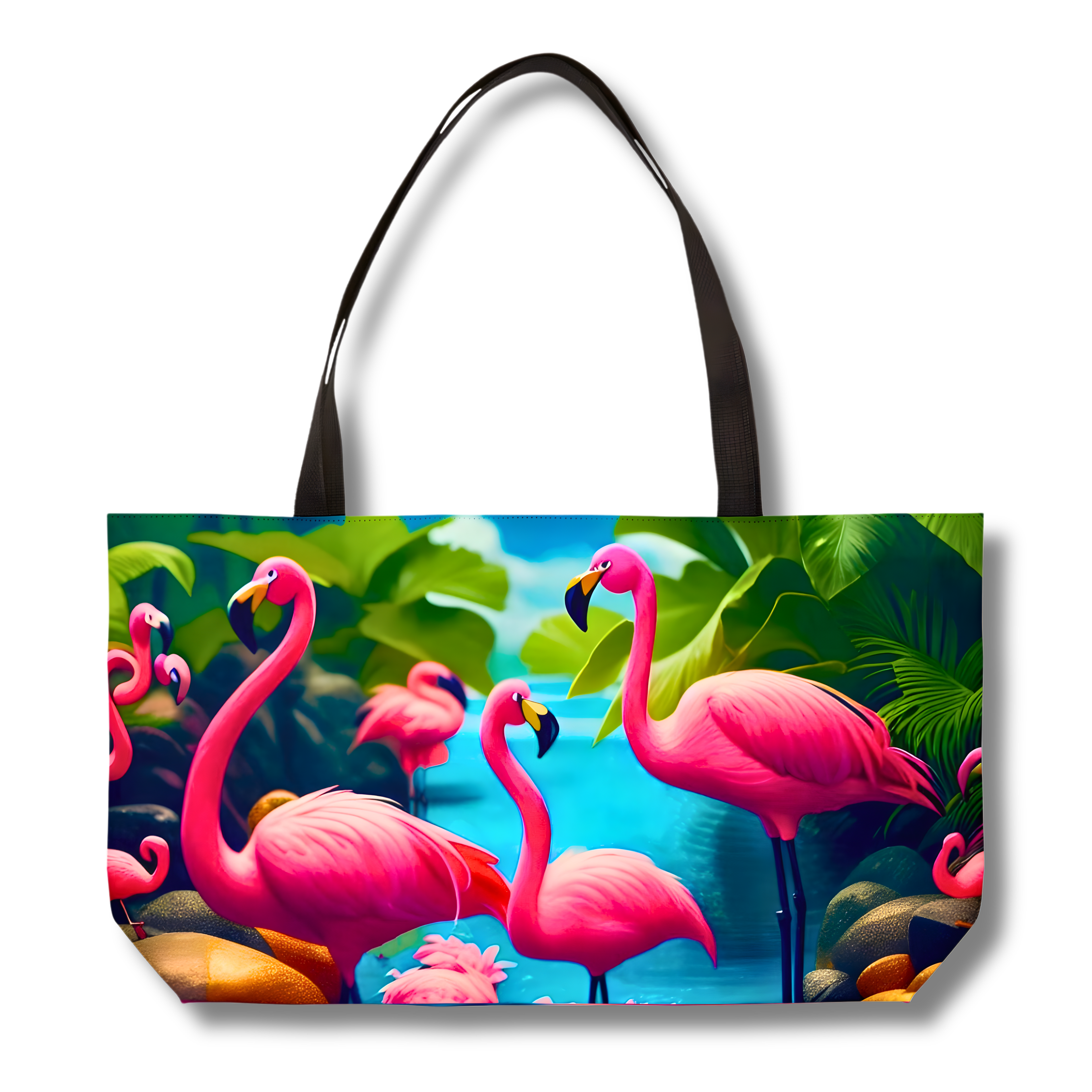 Deluxe weekender-style tote bag featuring bright pink flamingos in a tropical setting