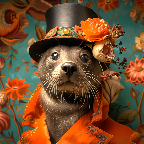 portrait of a sea lion wearing formal victorian attire.