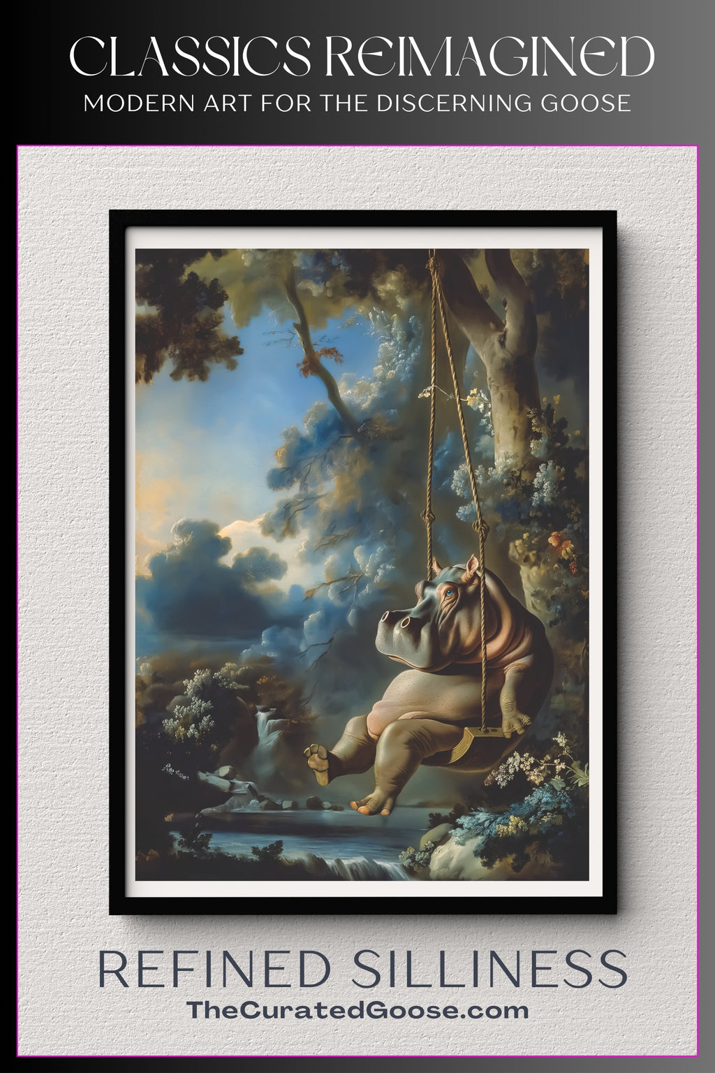Hippo on Swing Canvas Art Print