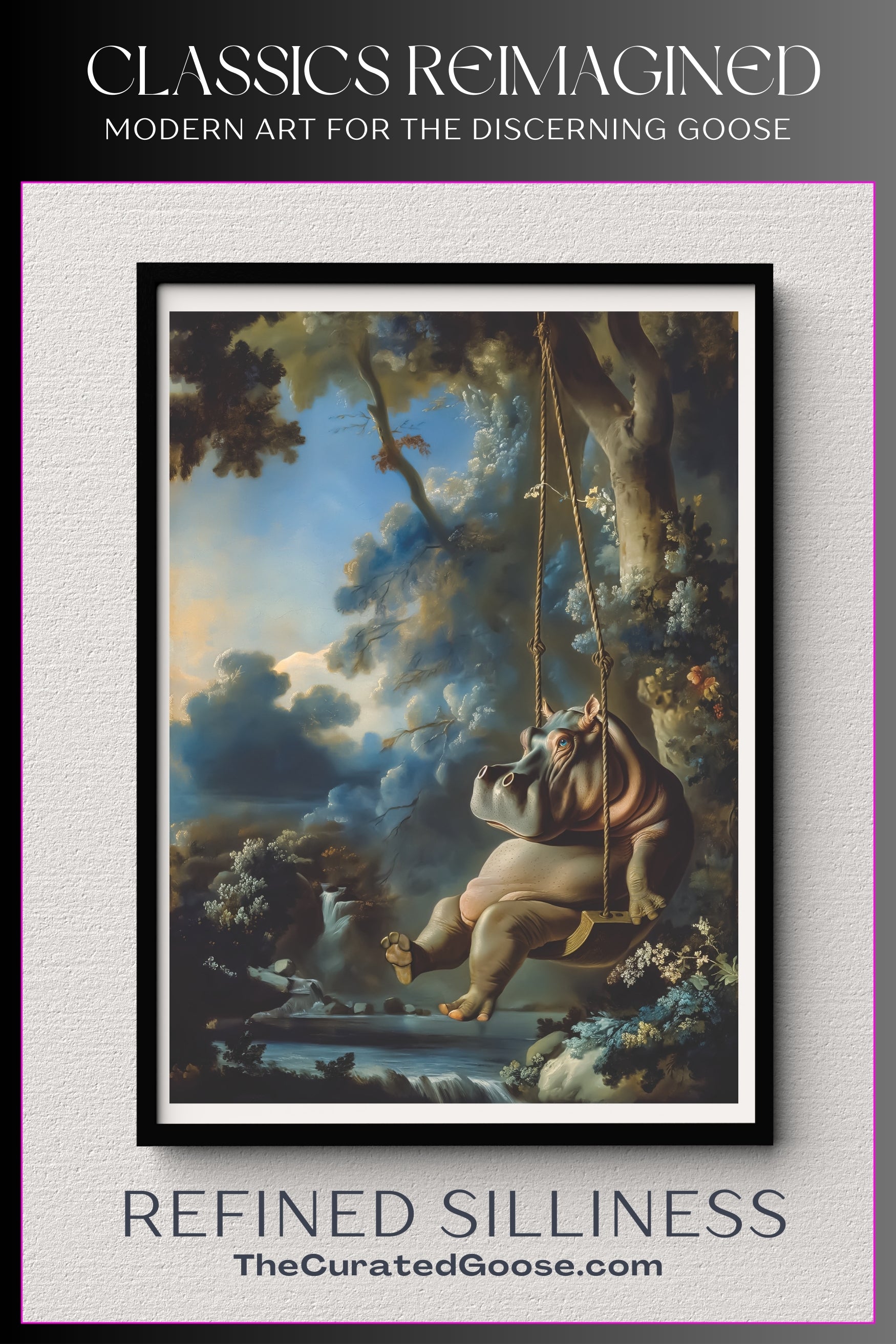 Rococo Hippo on Swing Canvas Art Print - Giclee Masterpiece, Large Whimsical Wall Decor