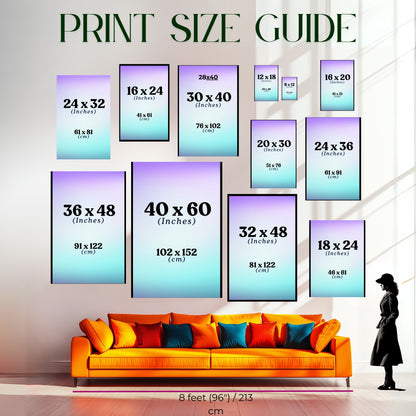 Print size guide with various frame sizes displayed in a living room setting.