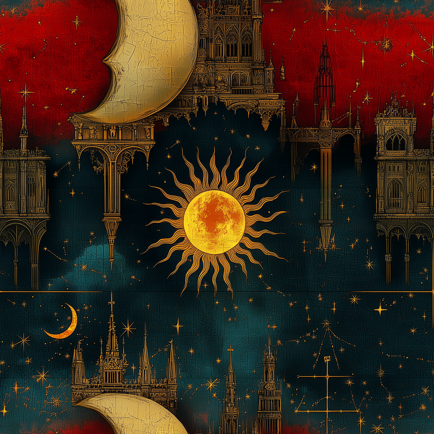 Sun and Moon Wrapping Paper – Rich Reds, Blues, and Gold Floating Architecture for All Occasions