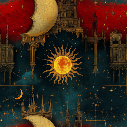 Sun and Moon Wrapping Paper – Rich Reds, Blues, and Gold Floating Architecture for All Occasions