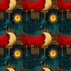 Sun and Moon Wrapping Paper: Red, Blue & Gold Architecture