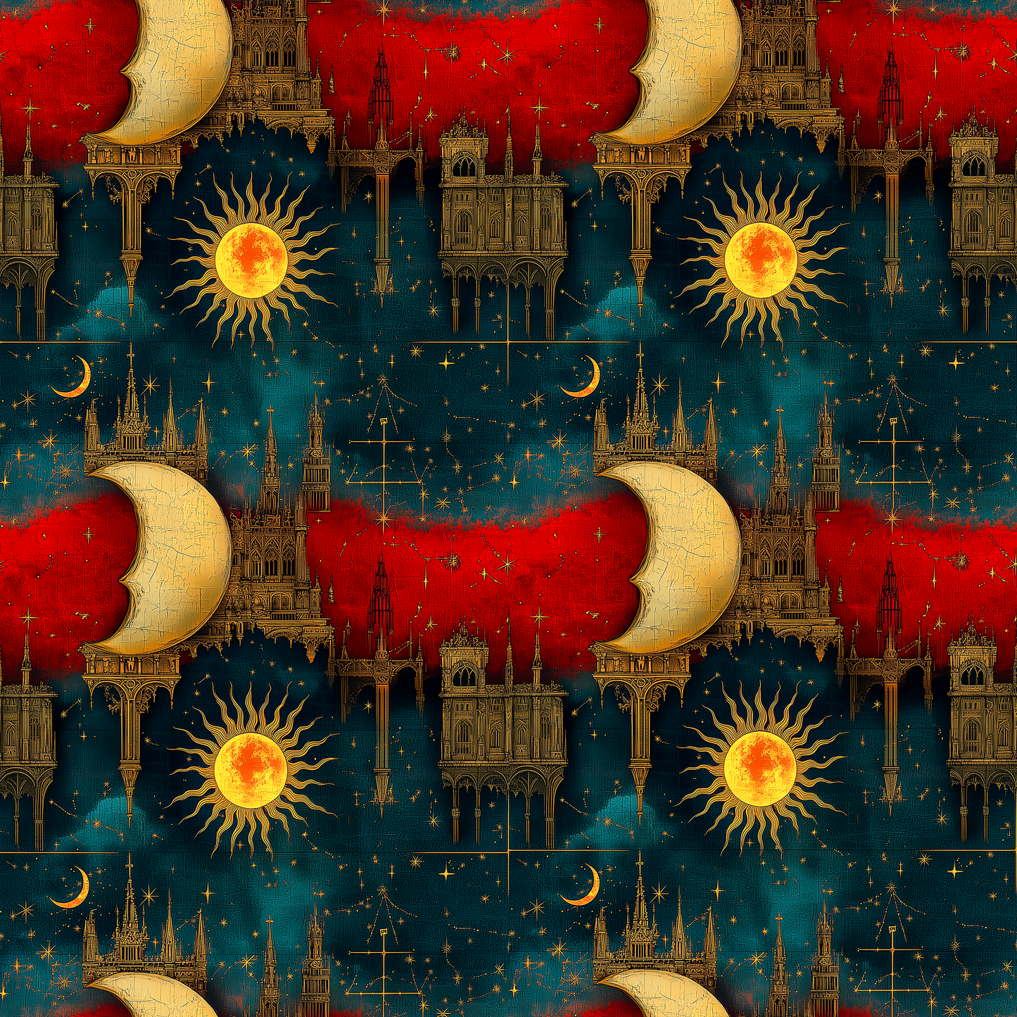 Sun and Moon Wrapping Paper – Rich Reds, Blues, and Gold Floating Architecture for All Occasions