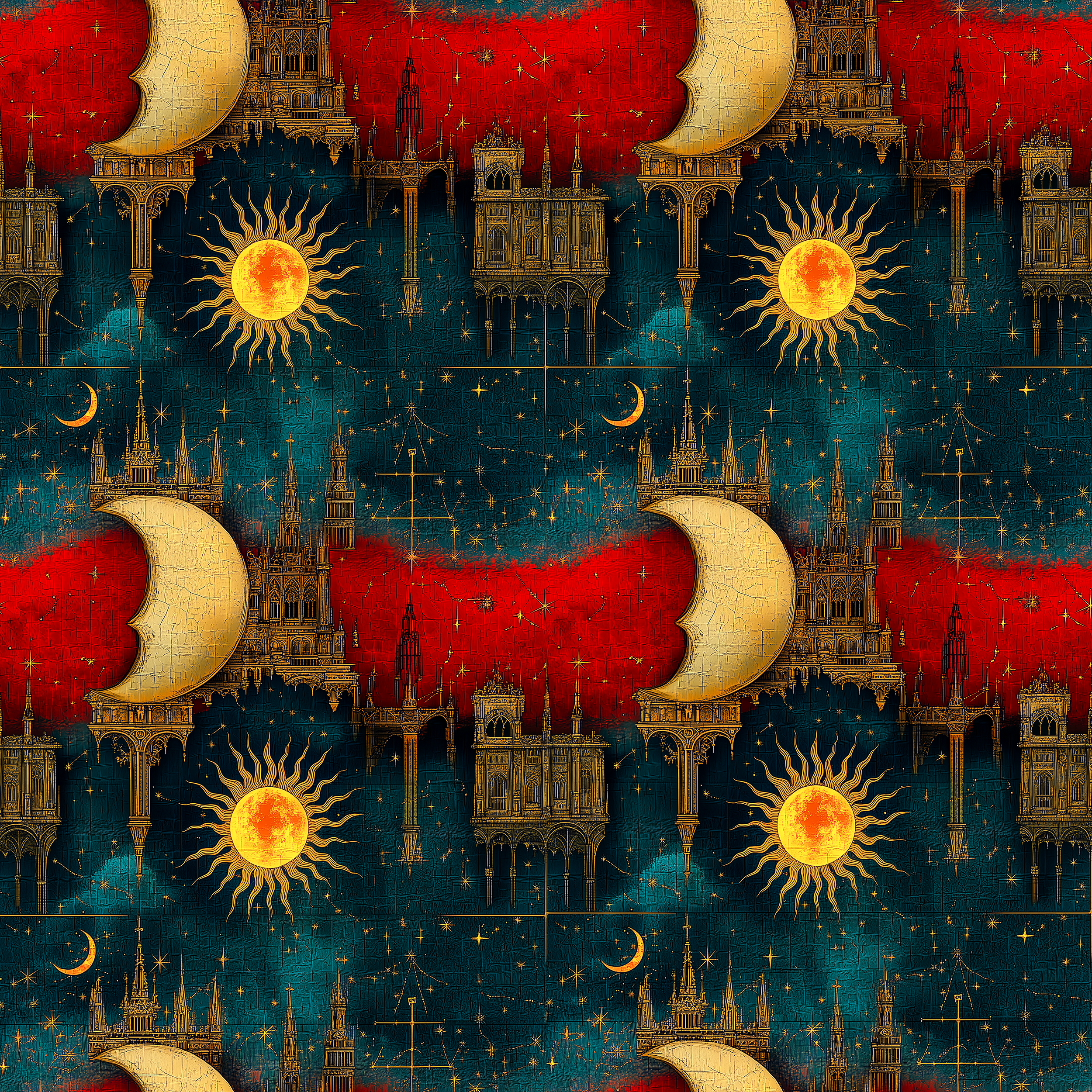 Sun and Moon Wrapping Paper: Red, Blue & Gold Architecture