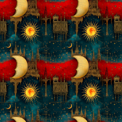 Sun and Moon Wrapping Paper – Rich Reds, Blues, and Gold Floating Architecture for All Occasions