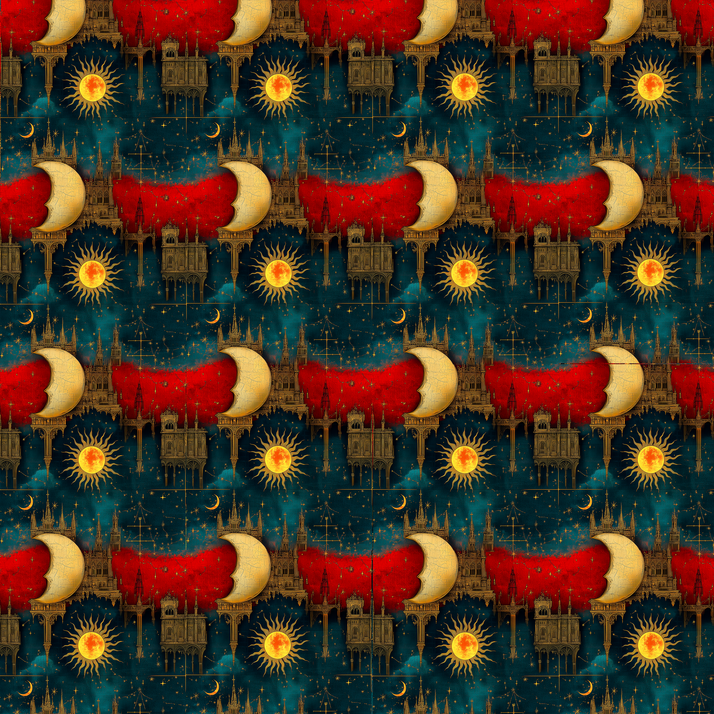 Sun and Moon Wrapping Paper: Red, Blue & Gold Architecture