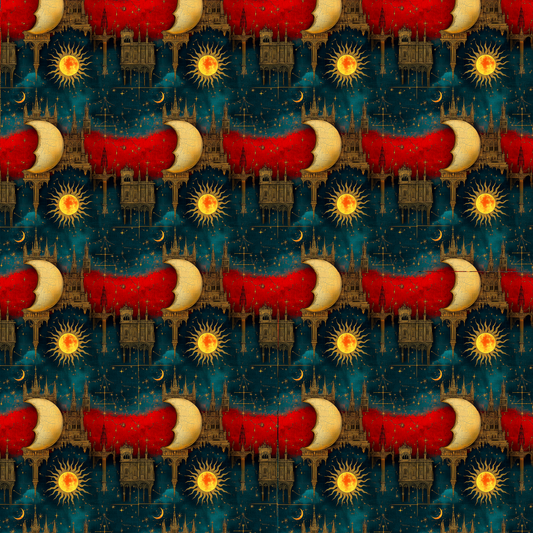 Sun and Moon Wrapping Paper – Rich Reds, Blues, and Gold Floating Architecture for All Occasions