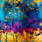 A roll of wrapping paper with an abstract art design featuring vibrant colors and gold highlights.