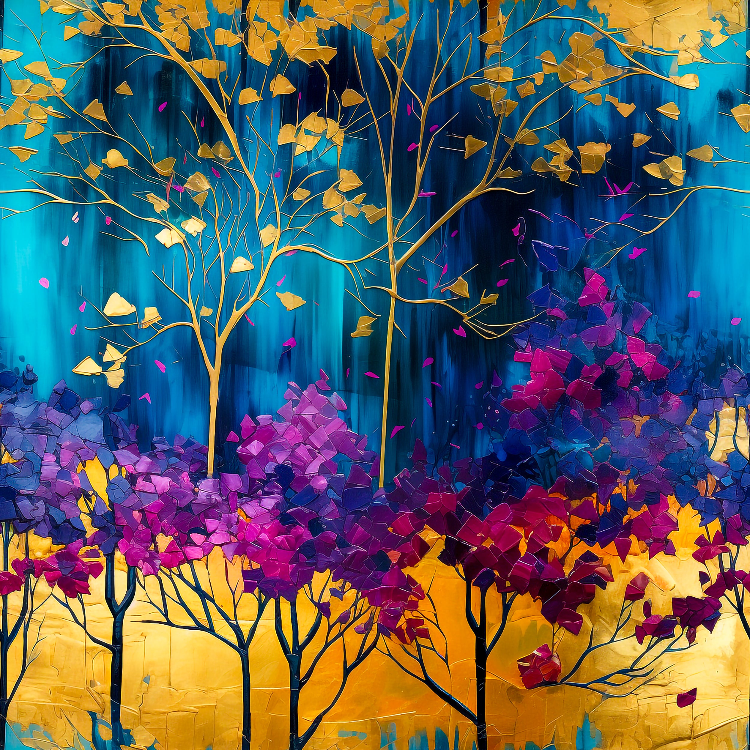 A roll of wrapping paper with an abstract art design featuring vibrant colors and gold highlights.