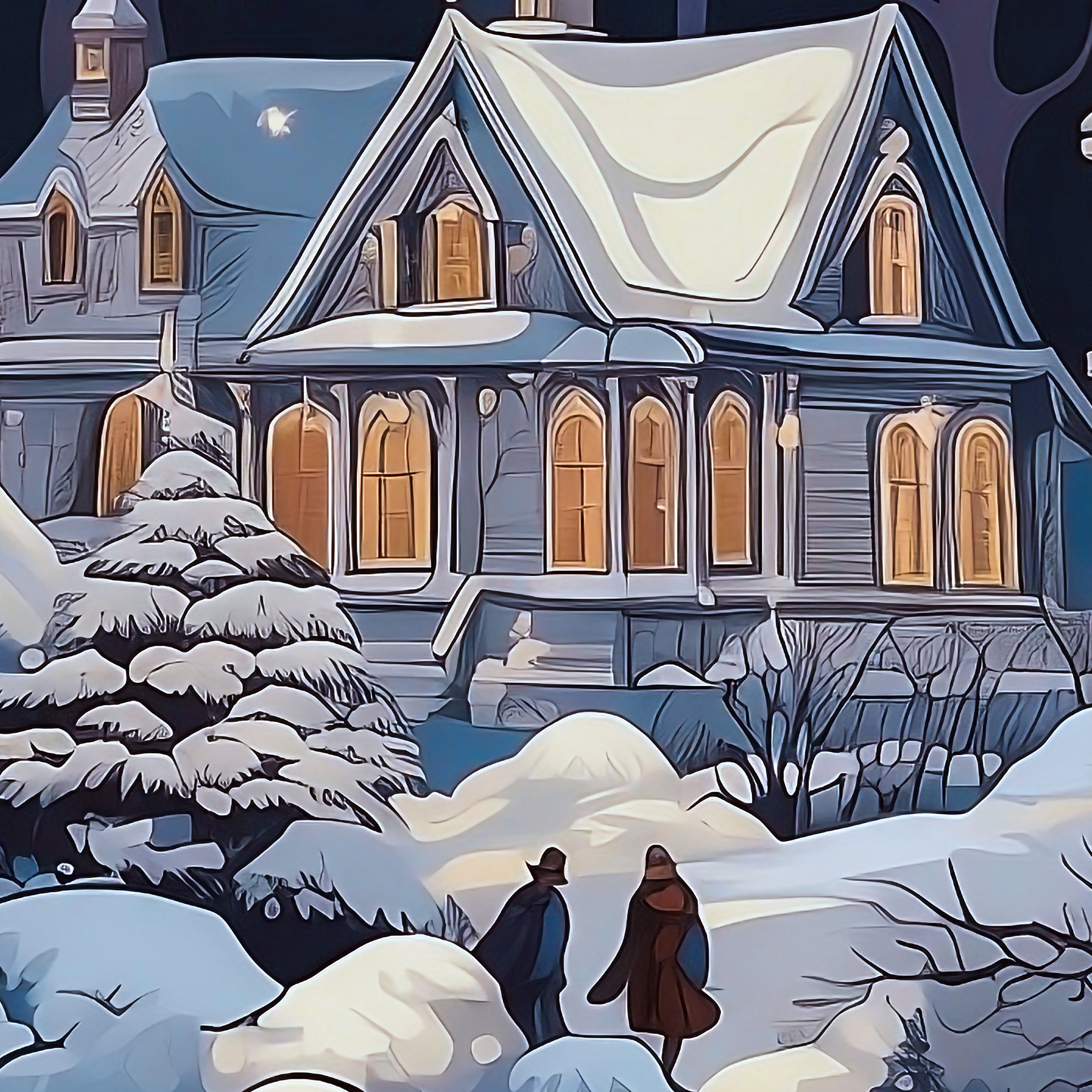 Blue Christmas Snowy Winter Village Wrapping Paper