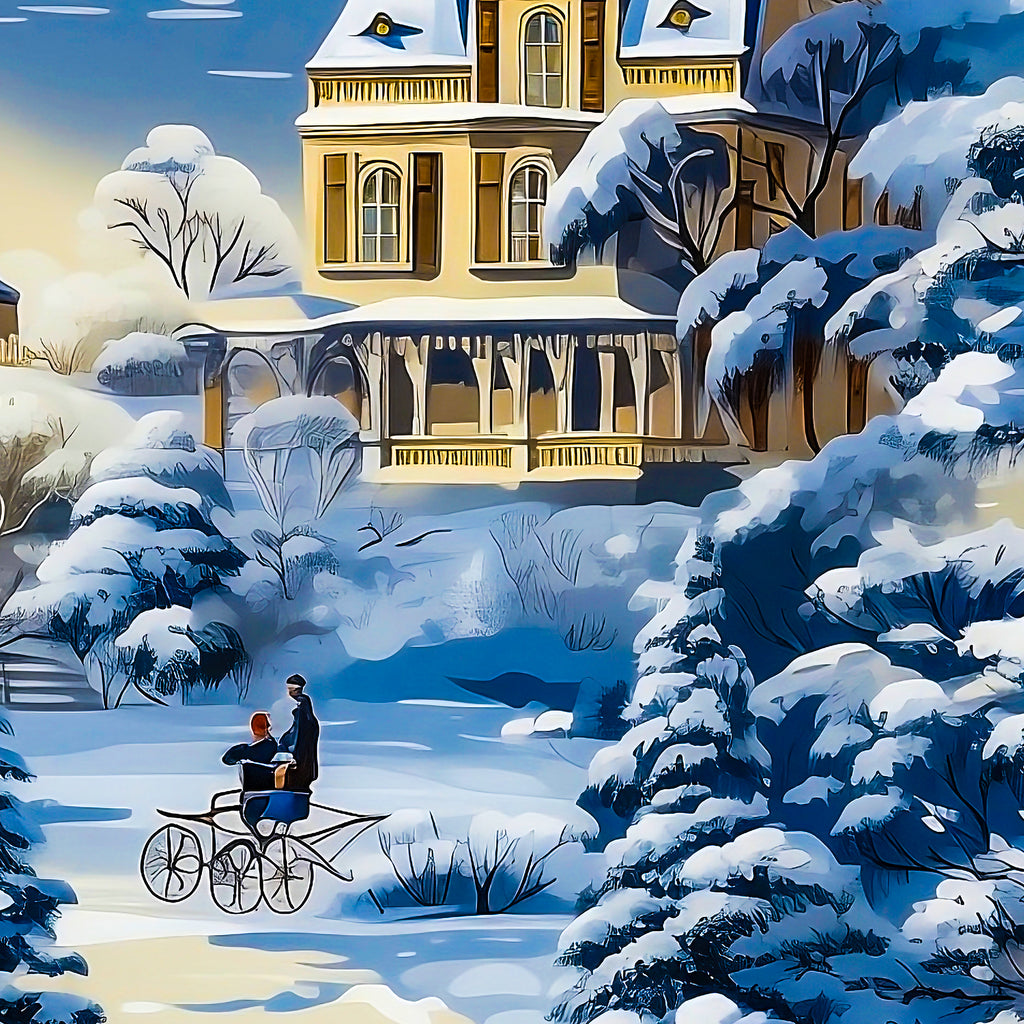 Victorian Winter Wonderland Wrapping Paper – Stunning Blue and Gold with Glowing Victorian Home
