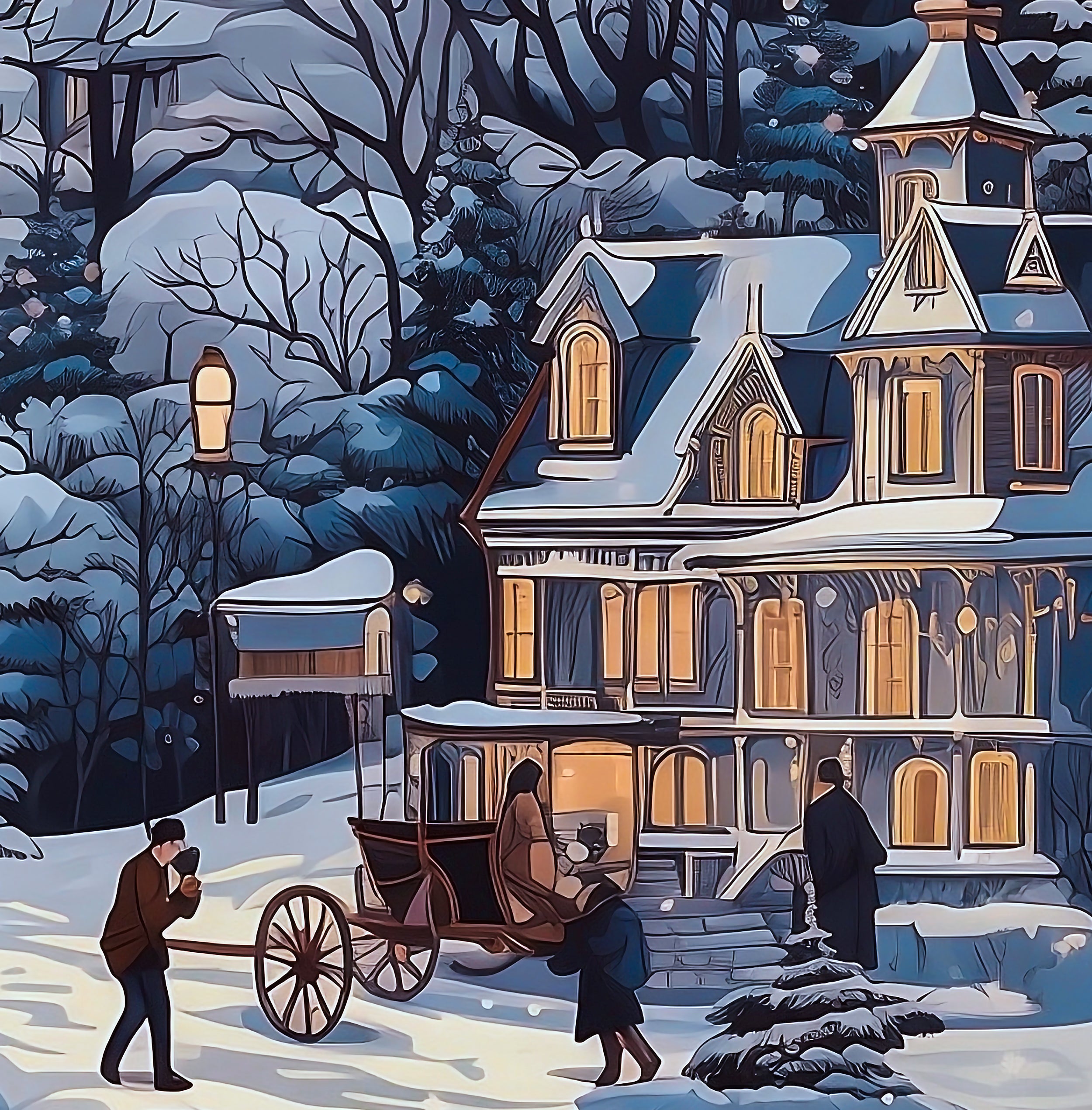 Blue Christmas Snowy Winter Village Wrapping Paper