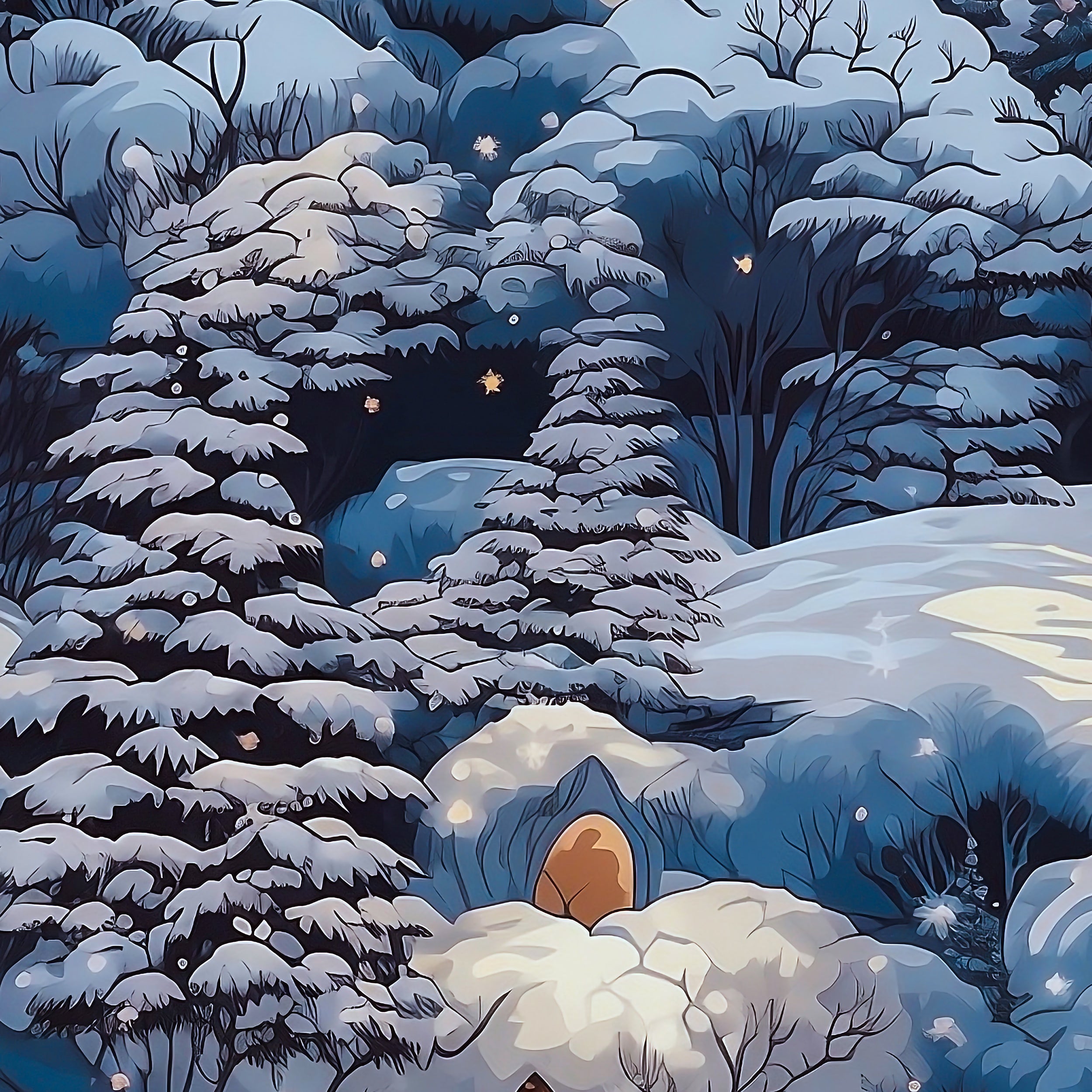 Blue Christmas Snowy Winter Village Wrapping Paper